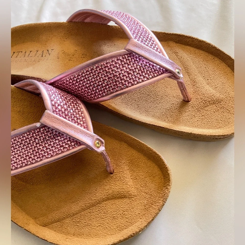 Metallic Pink, Shimmery Italian Shoemakers Cork Wedge Thong Sandals 1.5” H NWOT
